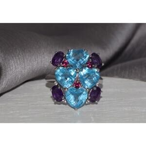 14k W.G Amethyst,Pink Tourmoline & Heart Shape & Blue Topaz Ring 7.1G / Sz10